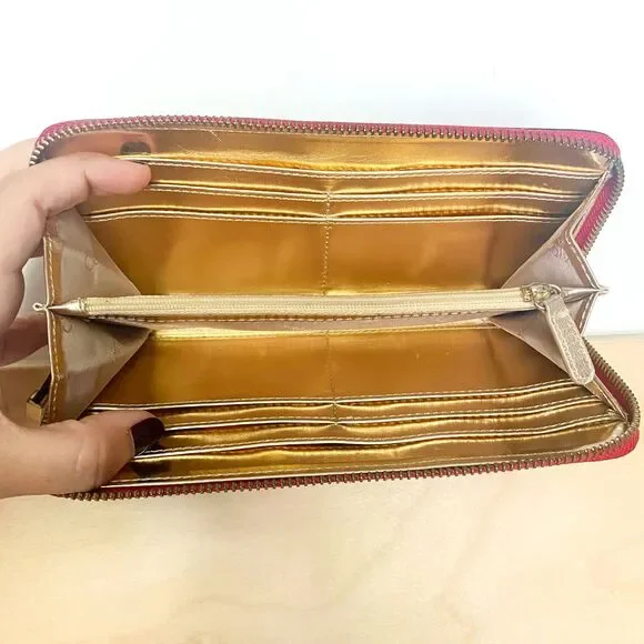 Calvin Klein Red Saffiano Leather Zip Around Long Wallet w/ Gold Interior - Picture 3 of 11